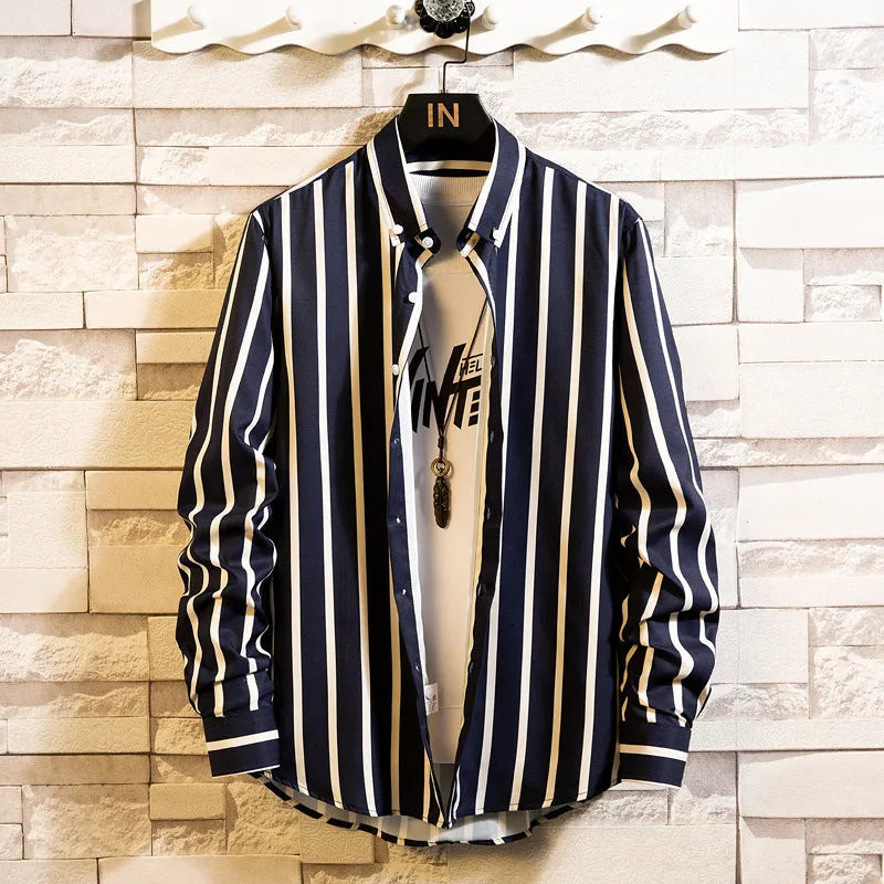 Men's casual striped polyester slim fit cardigan with pointed collar in black and red