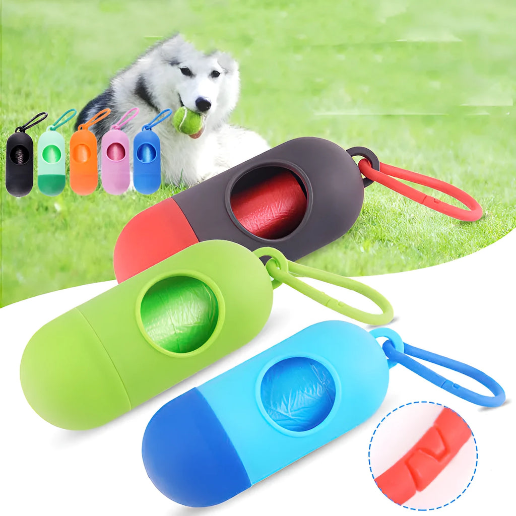 Small plastic dog poop bag dispenser with a side hook and Velcro strap in assorted colours.