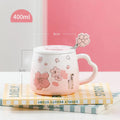 Japanese cherry blossom ceramic cup 400ml white porcelain cylindrical pink floral with lid and spoon