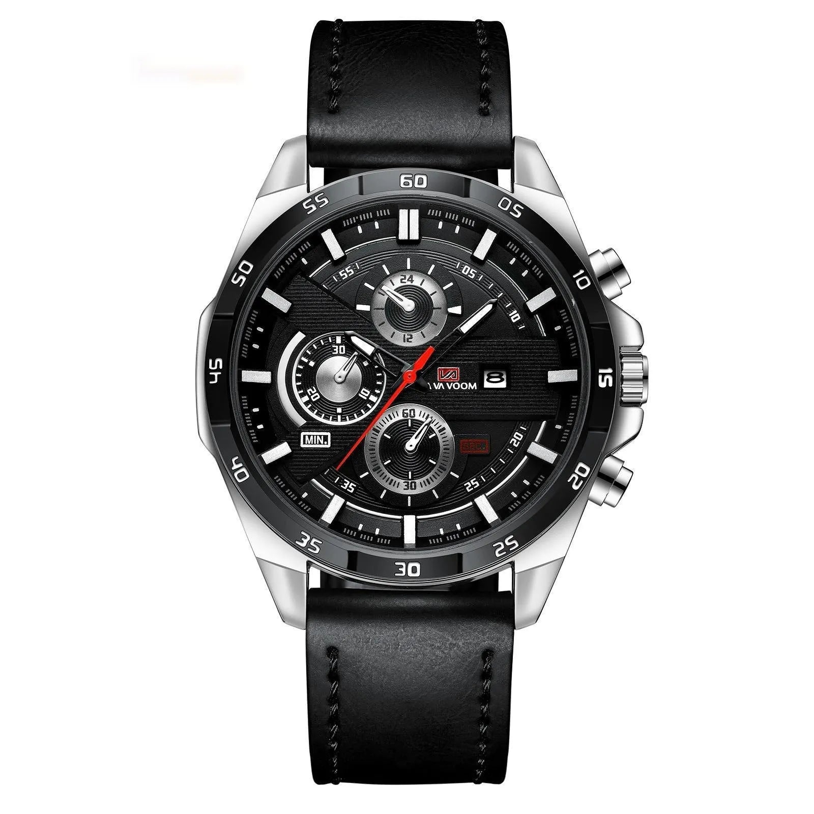 Men's casual wristwatch showing day-date window at 3 o'clock on a black dial with a rose gold case.