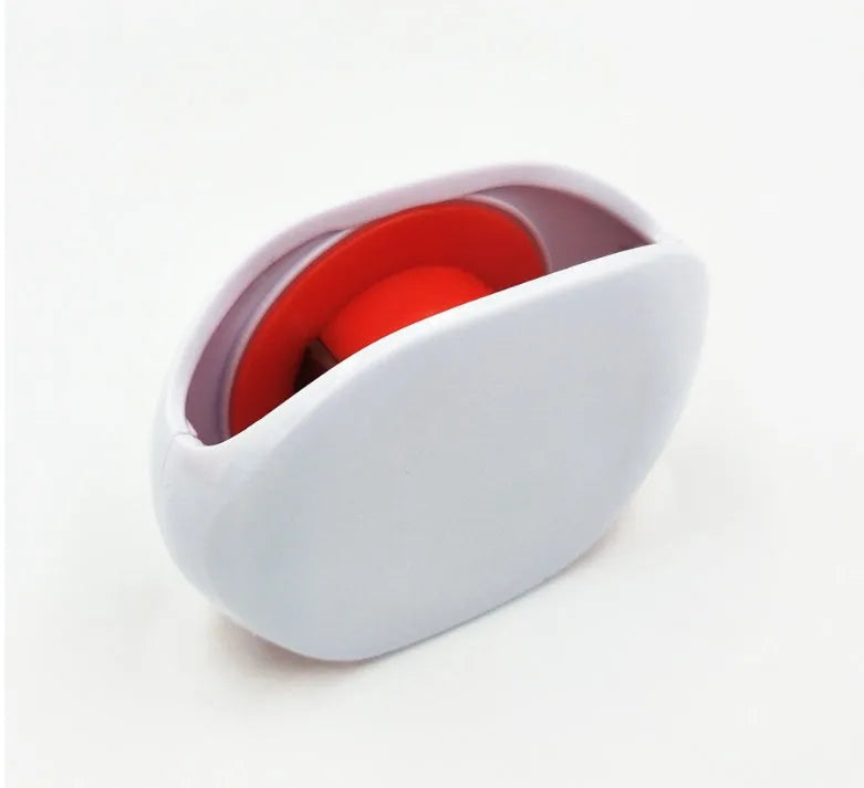 Automatic earphone cable winder retractor in blue, showing compact size next to a 3.5mm jack.