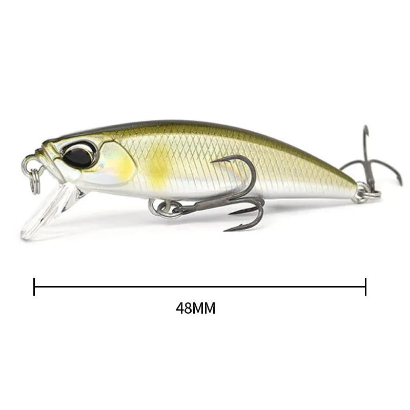 Tossing Japanese Submerged Mino fishing lure in a selection of colours, showing 48mm length and integrated hooks.