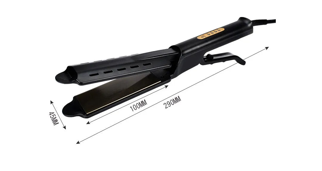 Black four-speed thermostat hair straightener with tourmaline ceramic plates, LCD control, and anti-scald groove