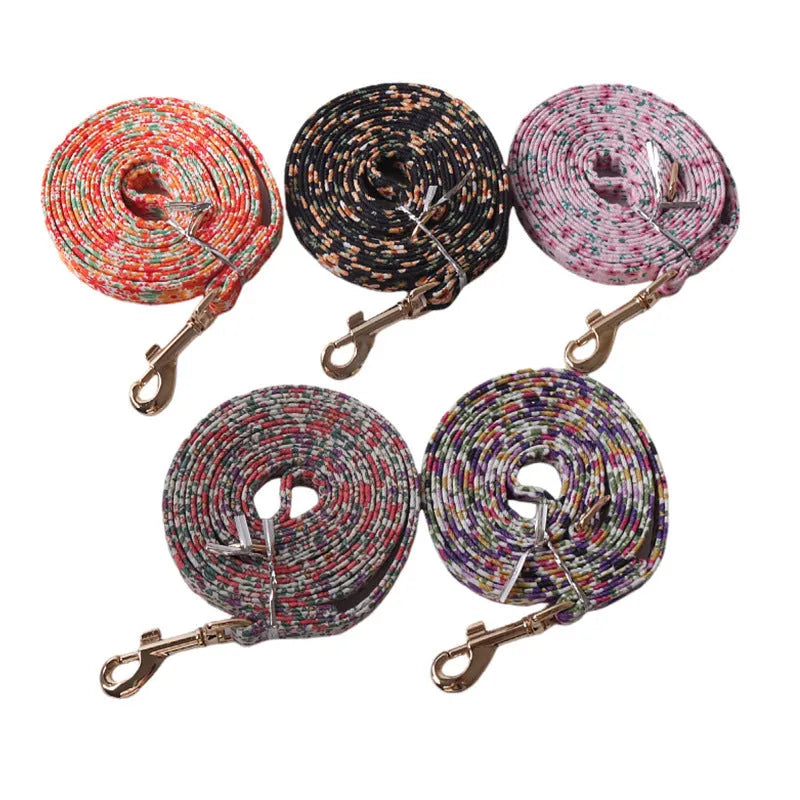 Floral pattern pet harness with matching leash in cloth material showing colour options and single chest back design