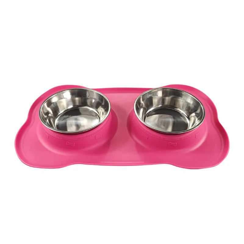 Large double dog bowl silicone mat set in chosen colour with stainless steel bowls