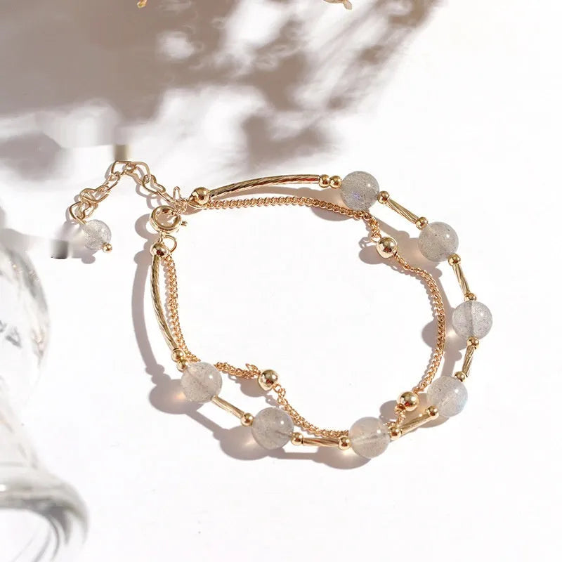 Double-layer crystal bracelet with moonstone accents in electroplated moonlight copper finish