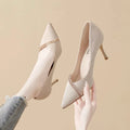 Women's gold and black pointed toe stiletto heels with low cut, shown in 6cm and 9cm heel heights.