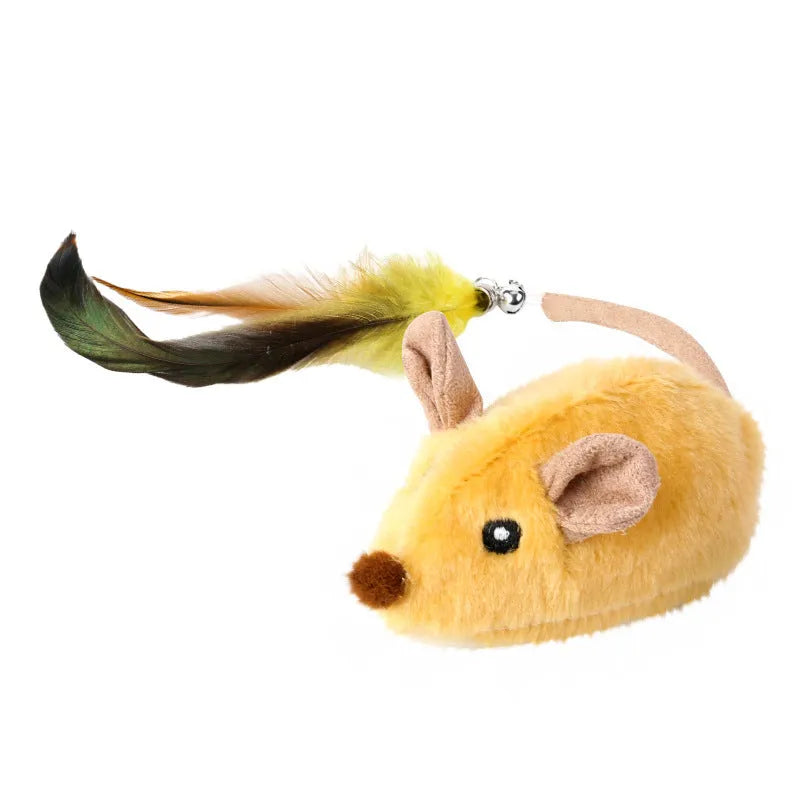 Interactive electric cat toy mouse with remote control and replaceable feather tails in grey and yellow options