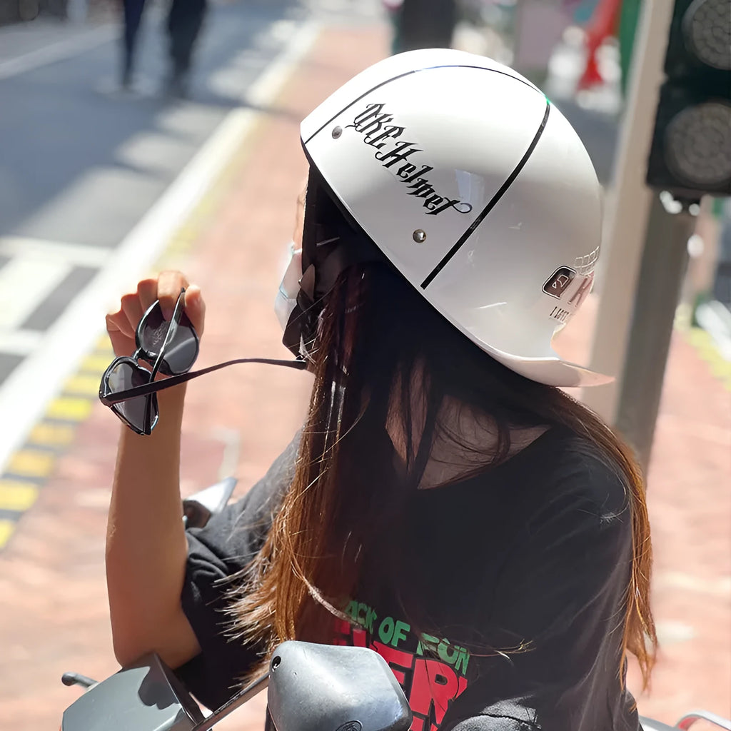 Retro ABS motorcycle helmet in Bright Black Cement Grey, available in multiple sizes for women and general riders