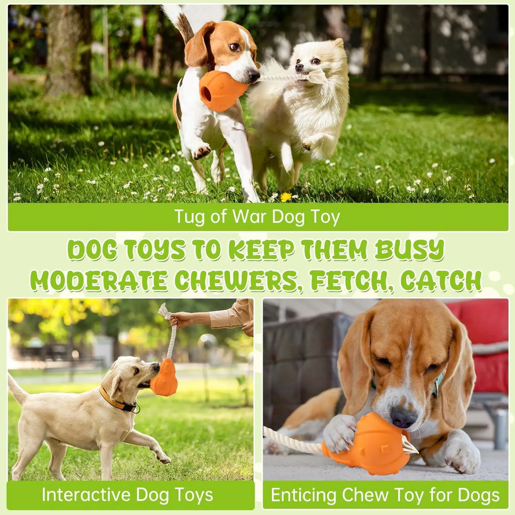 Natural rubber stuffable dog fetch toy with longer strap for small to medium breed dogs.