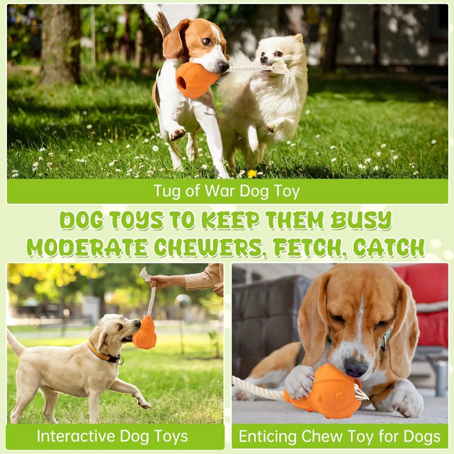 Natural rubber stuffable dog fetch toy with longer strap for small to medium breed dogs.