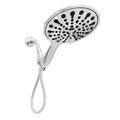 Six-function handheld shower head with electroplated finish and 6-inch diameter.