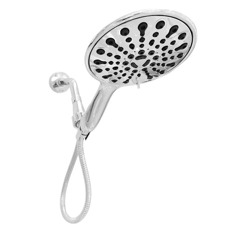 Six-function handheld shower head with electroplated finish and 6-inch diameter.