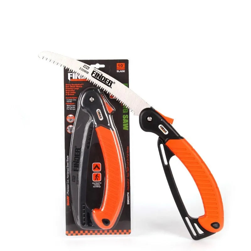 A folding garden saw with a black TPR handle and a metallic 230mm saw blade, shown both open and closed.