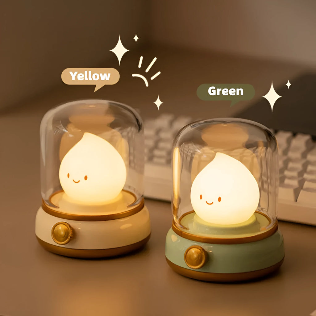 Retro USB rechargeable LED night lamp in green or yellow with dimming and candlelight mode, 100 x 108 x 124 mm.