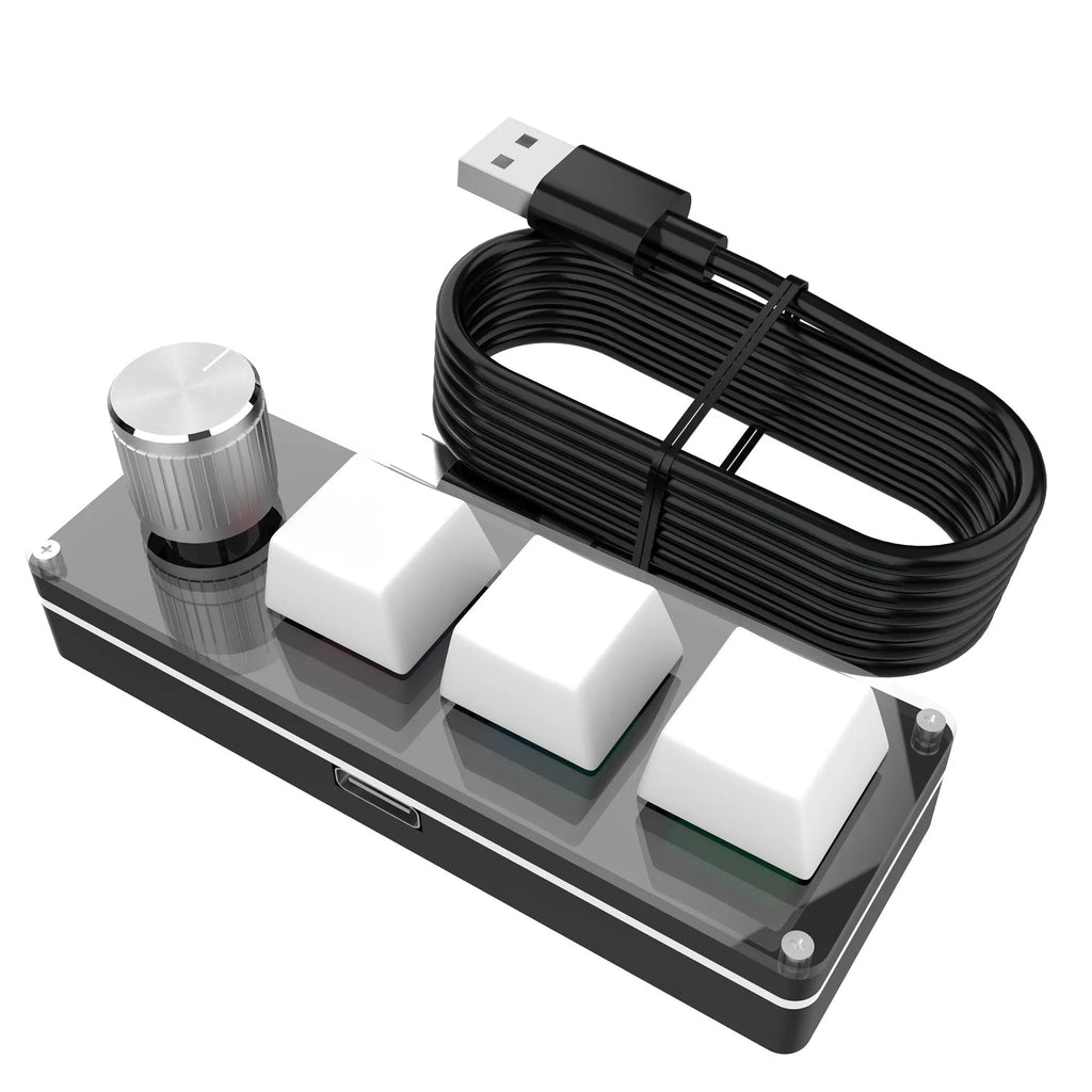 Three-key USB Photoshop shortcut keypad in black or white with 1.5 m cable and plastic body
