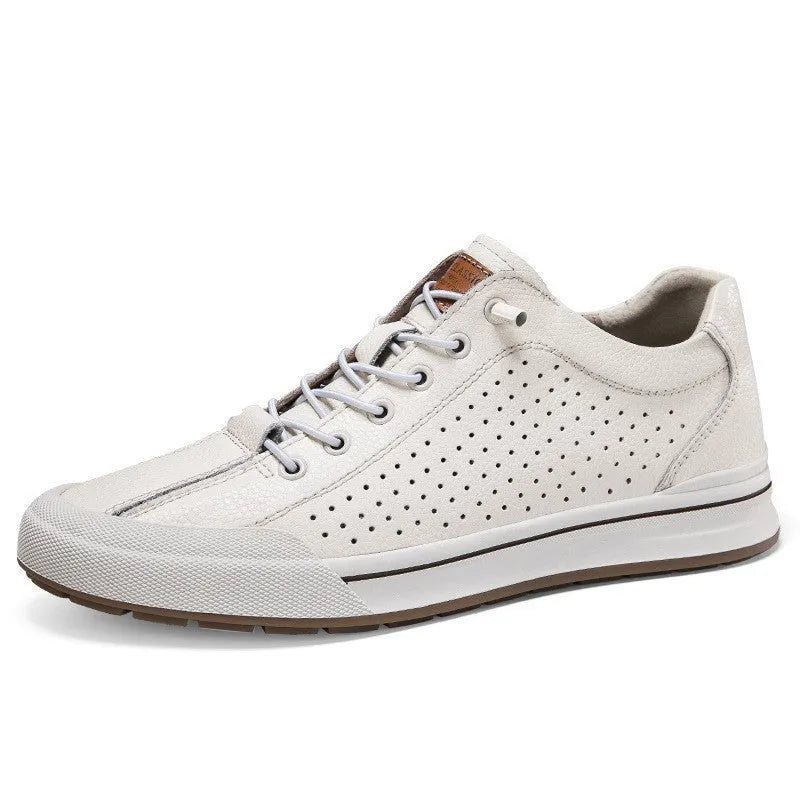 Men's white matte leather shoes with flat heel and round toe in breathable design