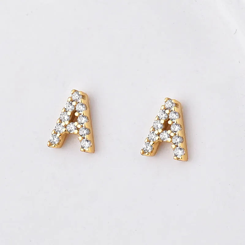 Brass gold plated alphabet letter earrings with zircon stones on copper base