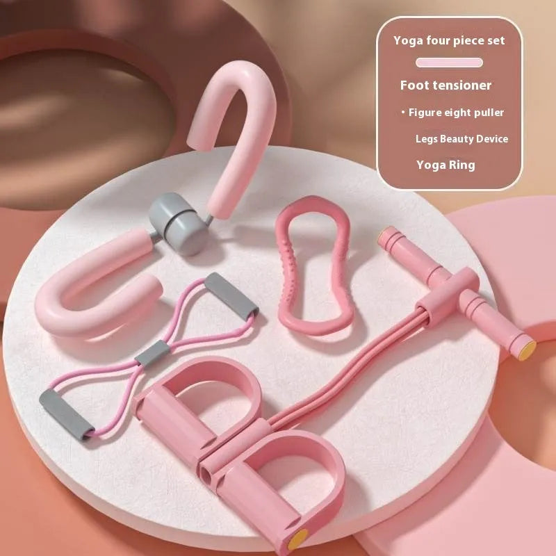 Yoga four-piece fitness set with leg stretcher, circular yoga ring, pedal device, and figure-eight tension rope on a light background.