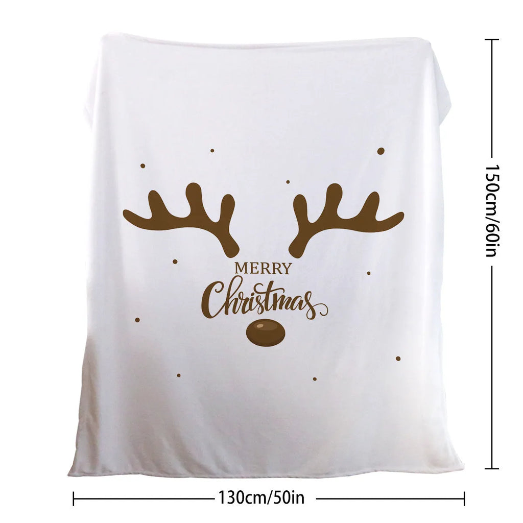 White deer antler pattern Christmas flannel velvet throw blanket with hemmed edges, available in three sizes