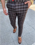 Men's business checked casual trousers in grey, tight fit, zipper placket, polyester fibre, mid-rise waist
