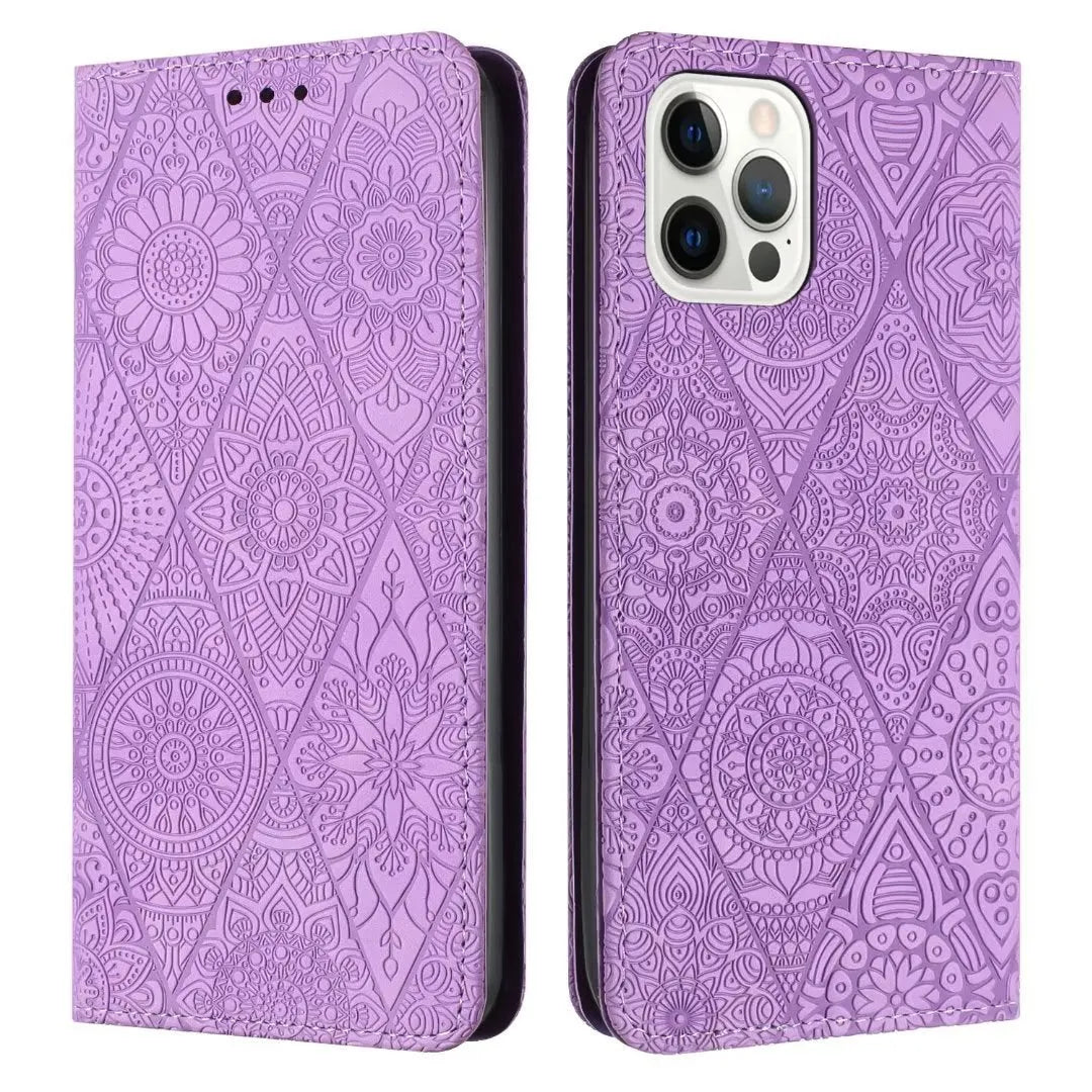 Retro embossing suction leather phone case with bracket for iPhone in black imitation leather