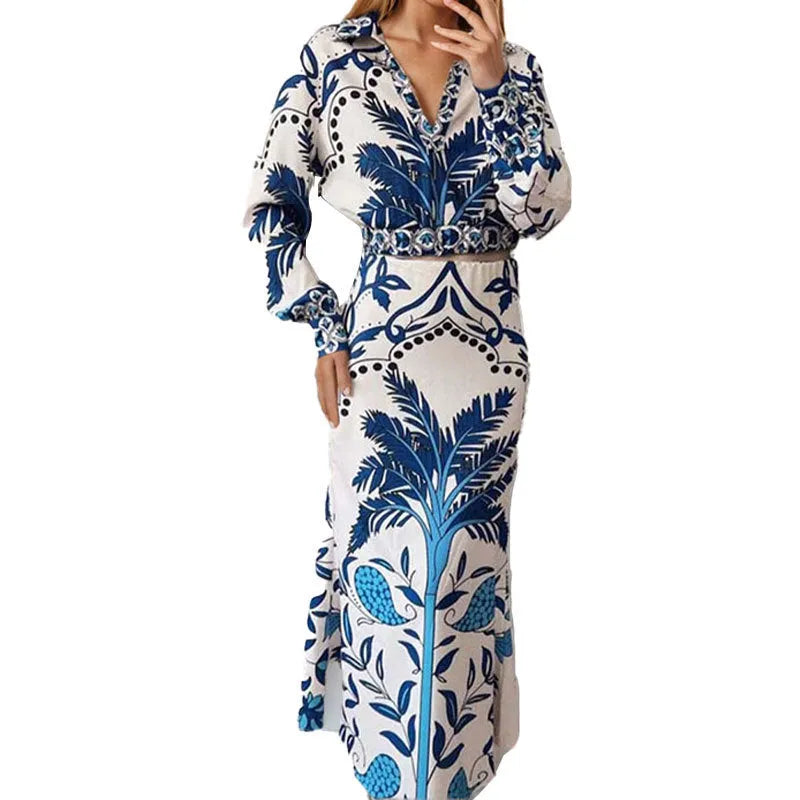 Women's early spring casual fashion set featuring a long sleeve top and long skirt in picture colour