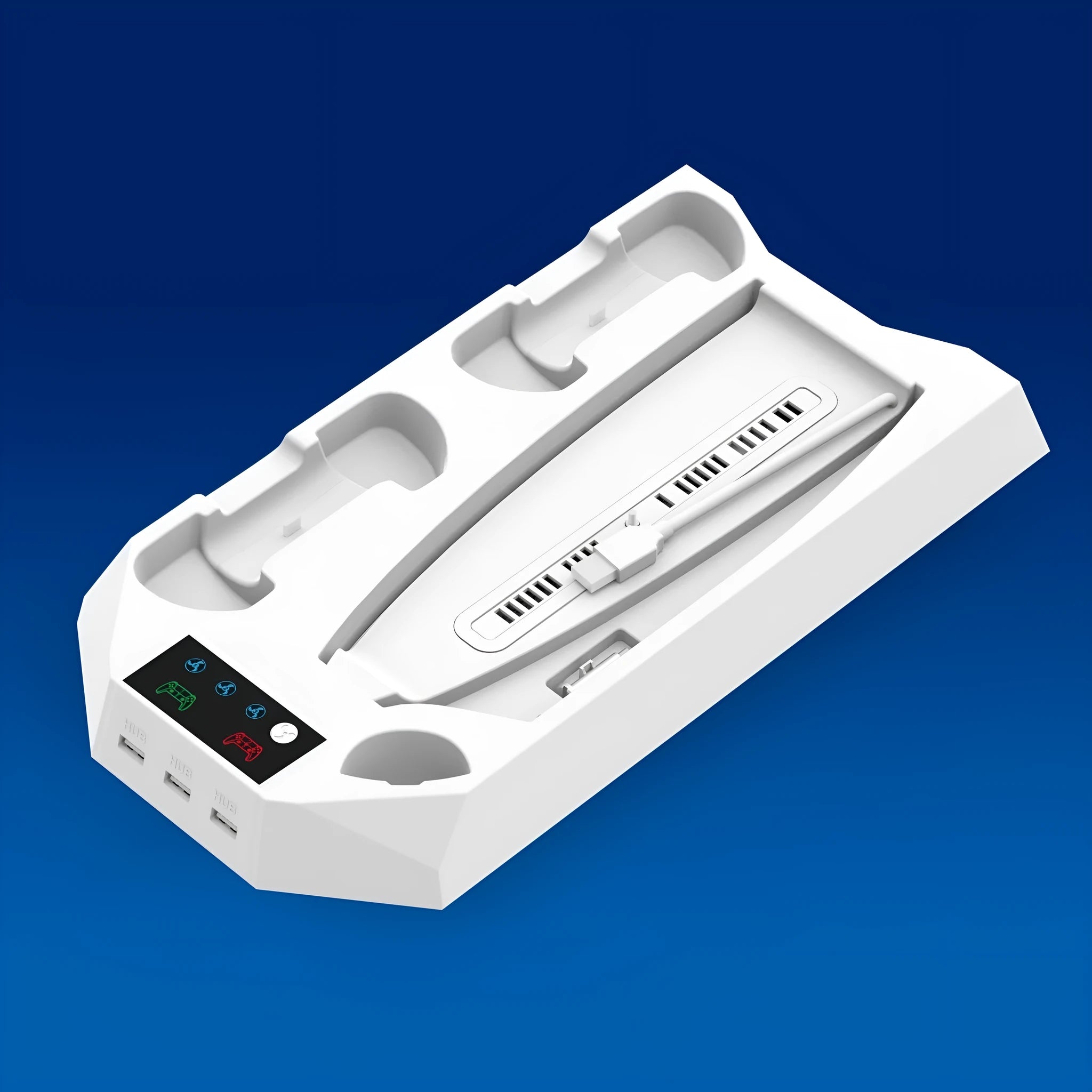 White PS5 charging base and radiator stand holding console, controllers, remote, and headset