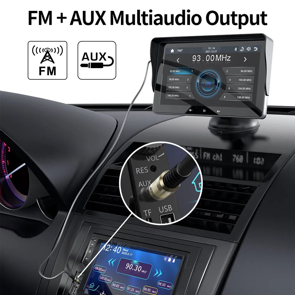 7-inch universal wireless CarPlay display screen with suction cup mount and cigarette lighter power cable.