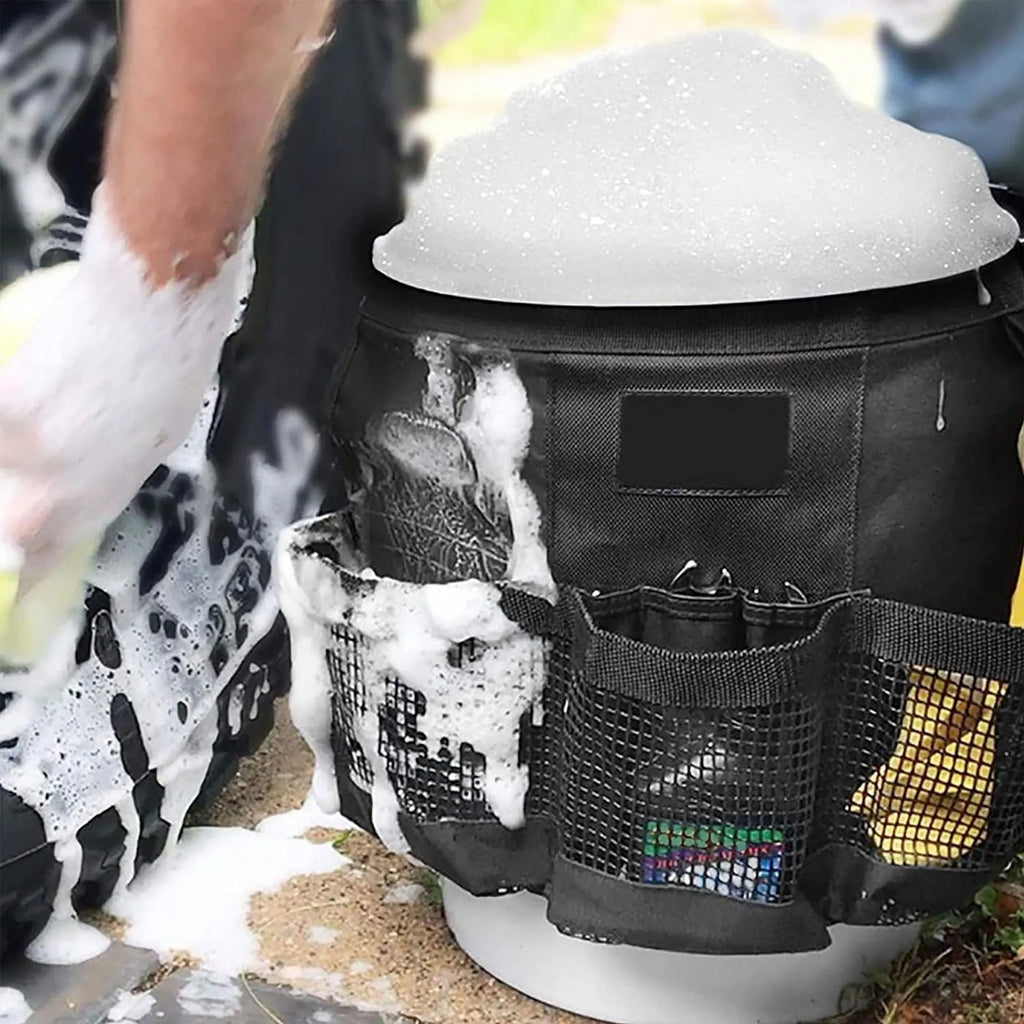 Black cylindrical polyester hanging storage bag designed for a 5-gallon bucket.