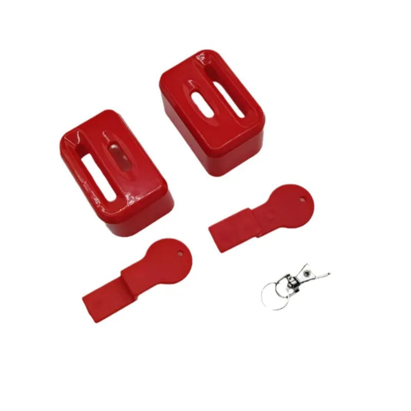 Black plastic seat belt buckle clamp holder for child car seat safety.