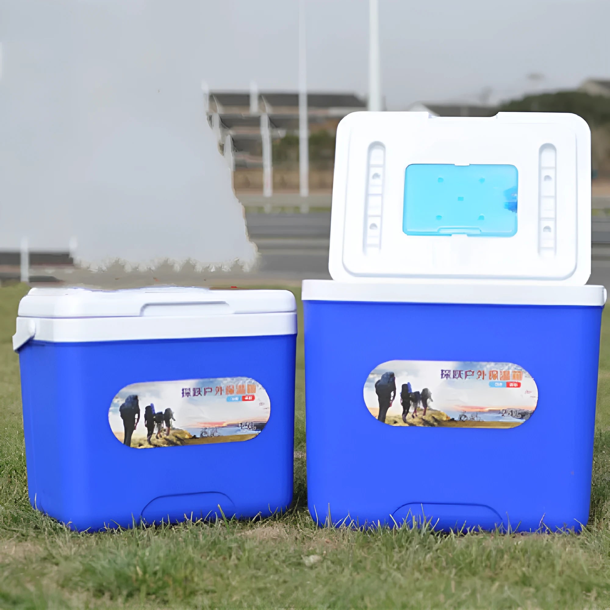 Blue portable insulated cool box with aluminium foil interior, shown with lid open.