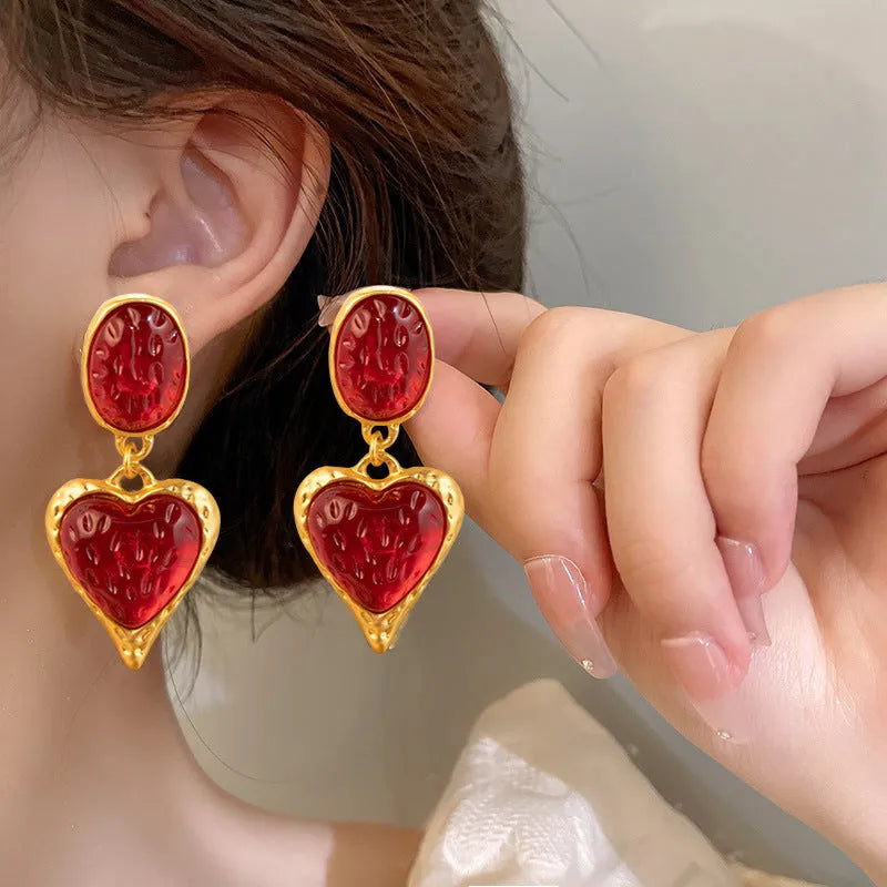 Silver pleated oval love heart stud earrings in purple, red, green, and yellow white colours.