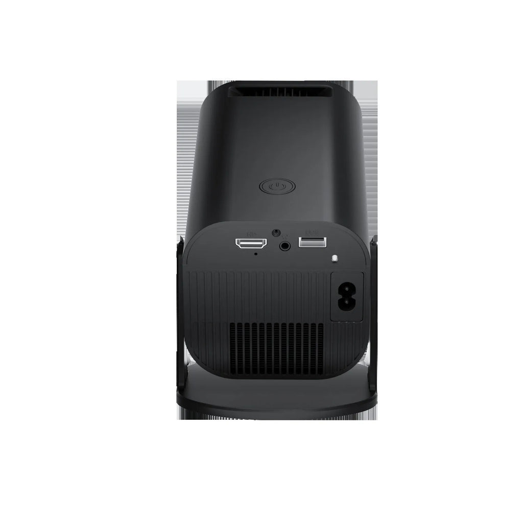 Black or white portable mini projector with remote control showing mobile phone connectivity