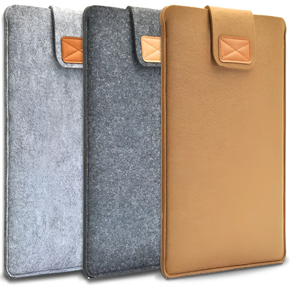 Khaki clamshell laptop clutch bag with frosted finish, open to show plush-lined interior and corner protector.