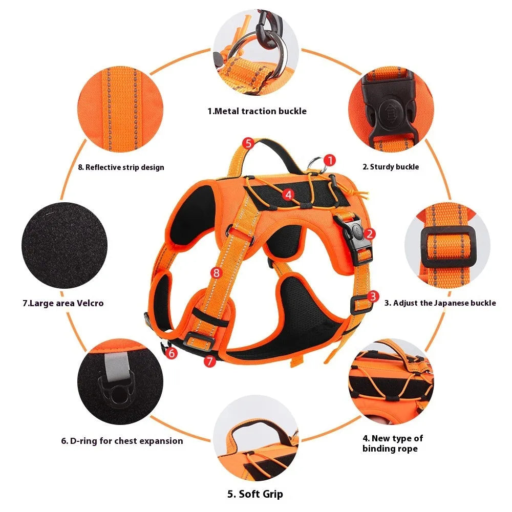 Orange dog harness vest with reflective strips, detachable hand-holding rope, and explosion-proof buckle closure