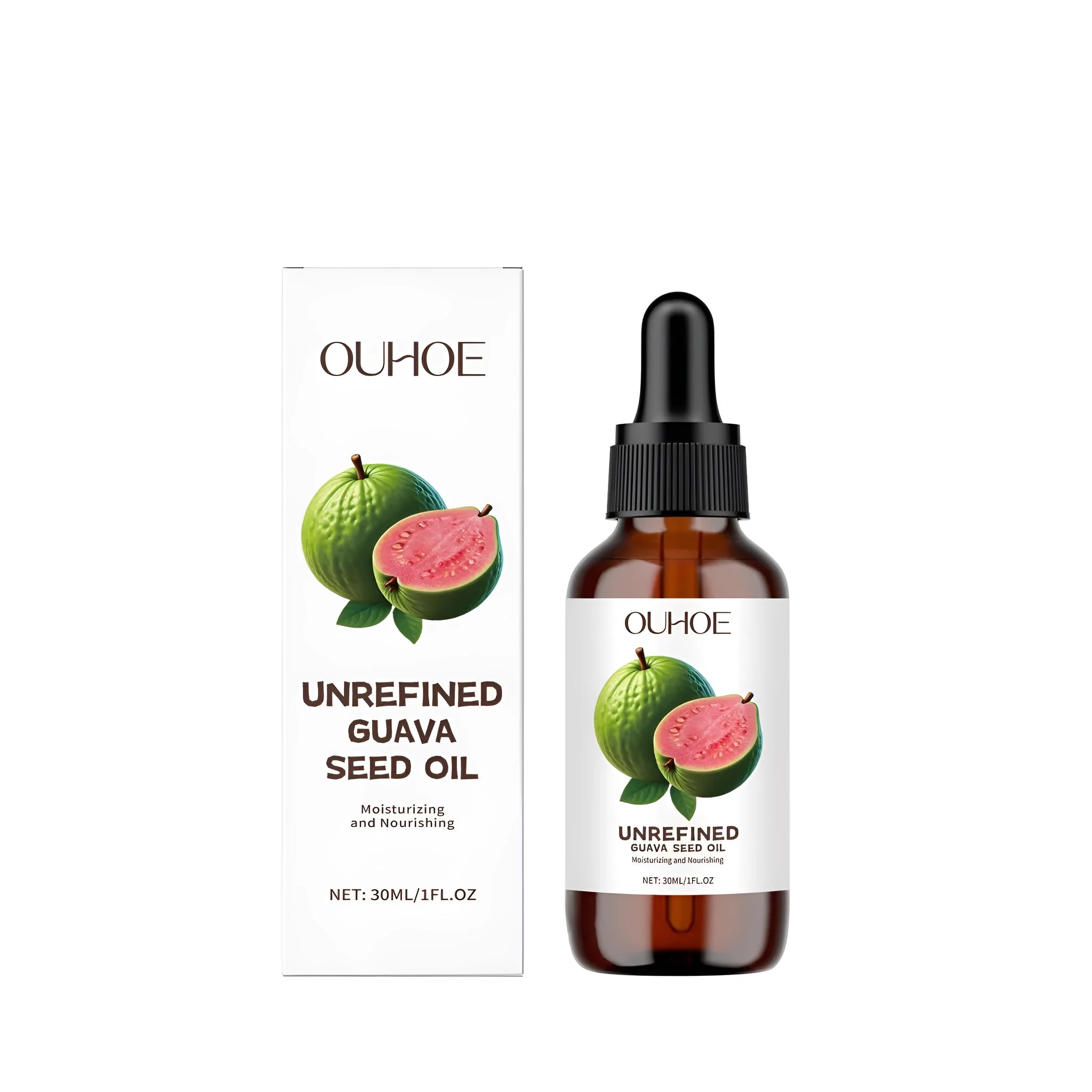 30ml pump bottle of guava seed oil facial serum on a skincare shelf.