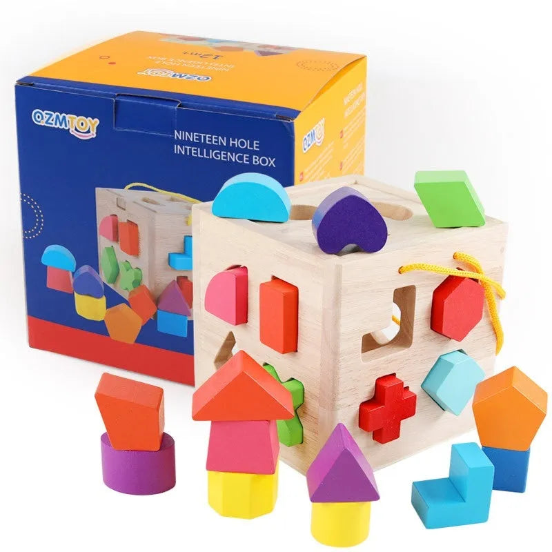 Wooden geometric shape matching building blocks set for infants with colourful pegs and intelligence boxes.