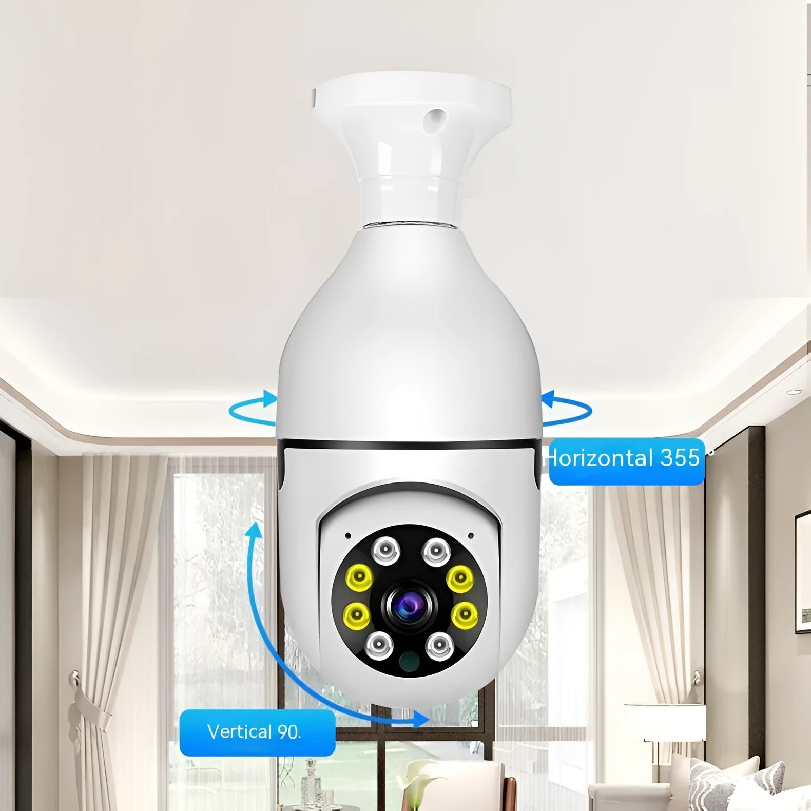 Wireless bulb security camera showing 5cm by 12cm dimensions with lamp holder fitting