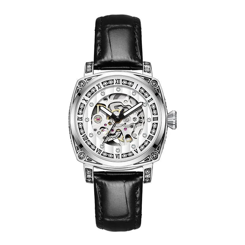 Men's mechanical watch with luminous hands on a leather strap, showing black, red, steel, and white colour options.