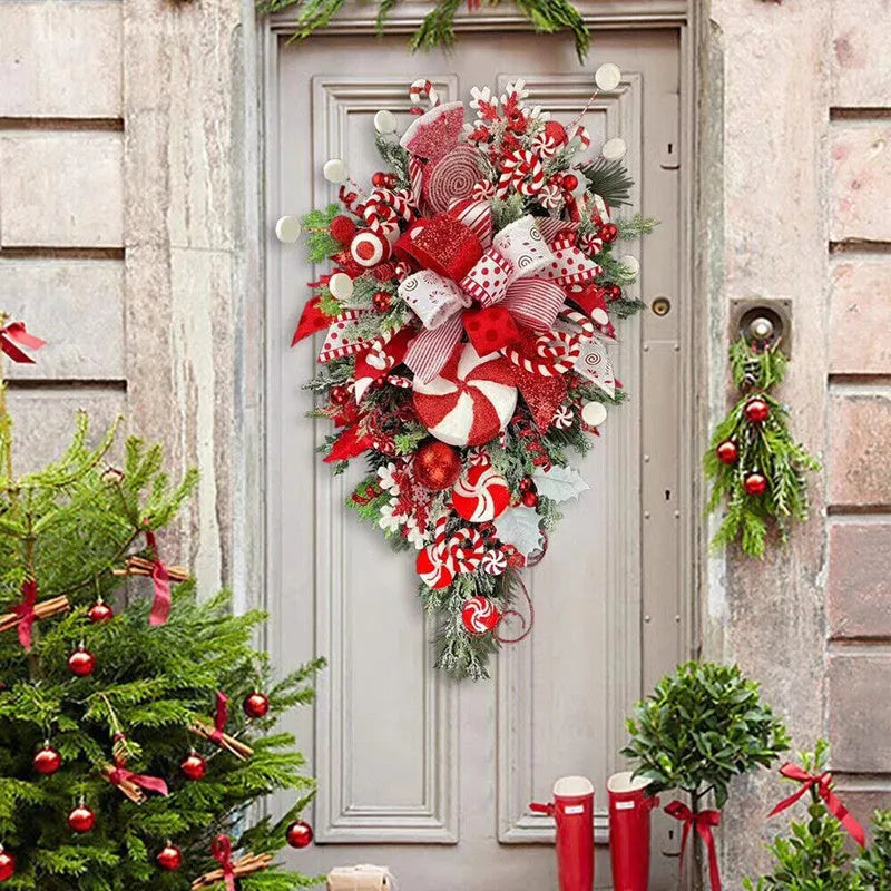 Artificial Christmas wreath with candy and upside-down tree design, 50cm or 60cm, yellow ribbon loops for hanging.