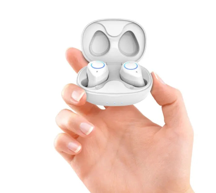 Black and white M18 true wireless Bluetooth earbuds with charging case.