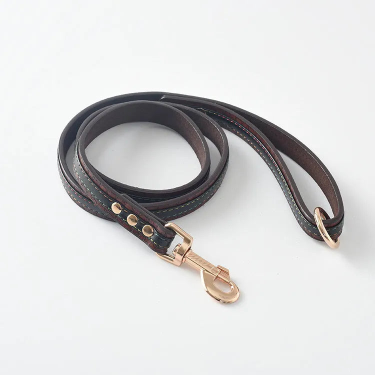 PU dog leash and collar set in black, red, yellow or coffee, 120x2cm lead, collar sizes 48x2cm, 56x2.5cm, 68x3cm.