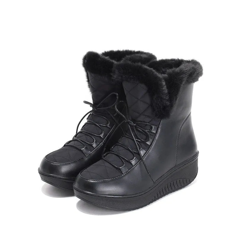 Black women's winter lace-up boots with a platform sole and plush lining.