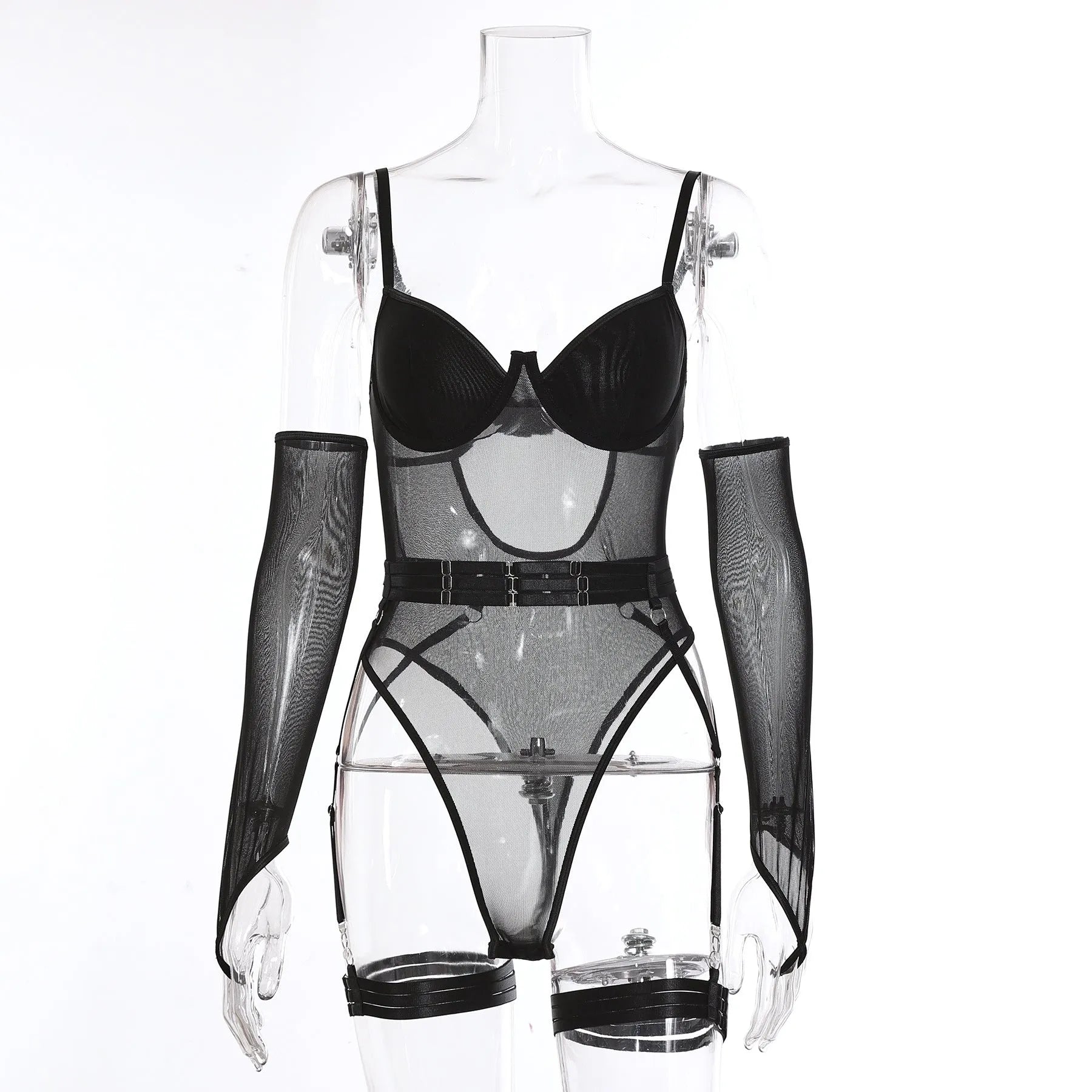 Women's see-through mesh jumpsuit in black, shown front view, with European hot girl styling