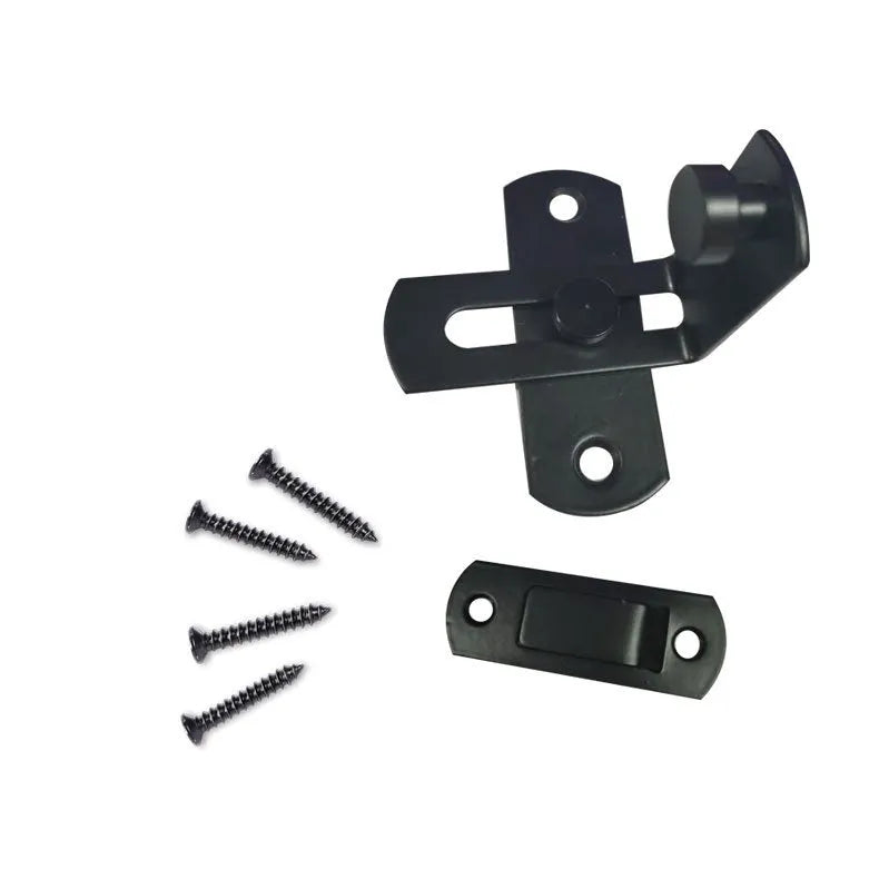 Black carbon steel warehouse hook lock with stainless steel components for sliding doors at 90-degree angle