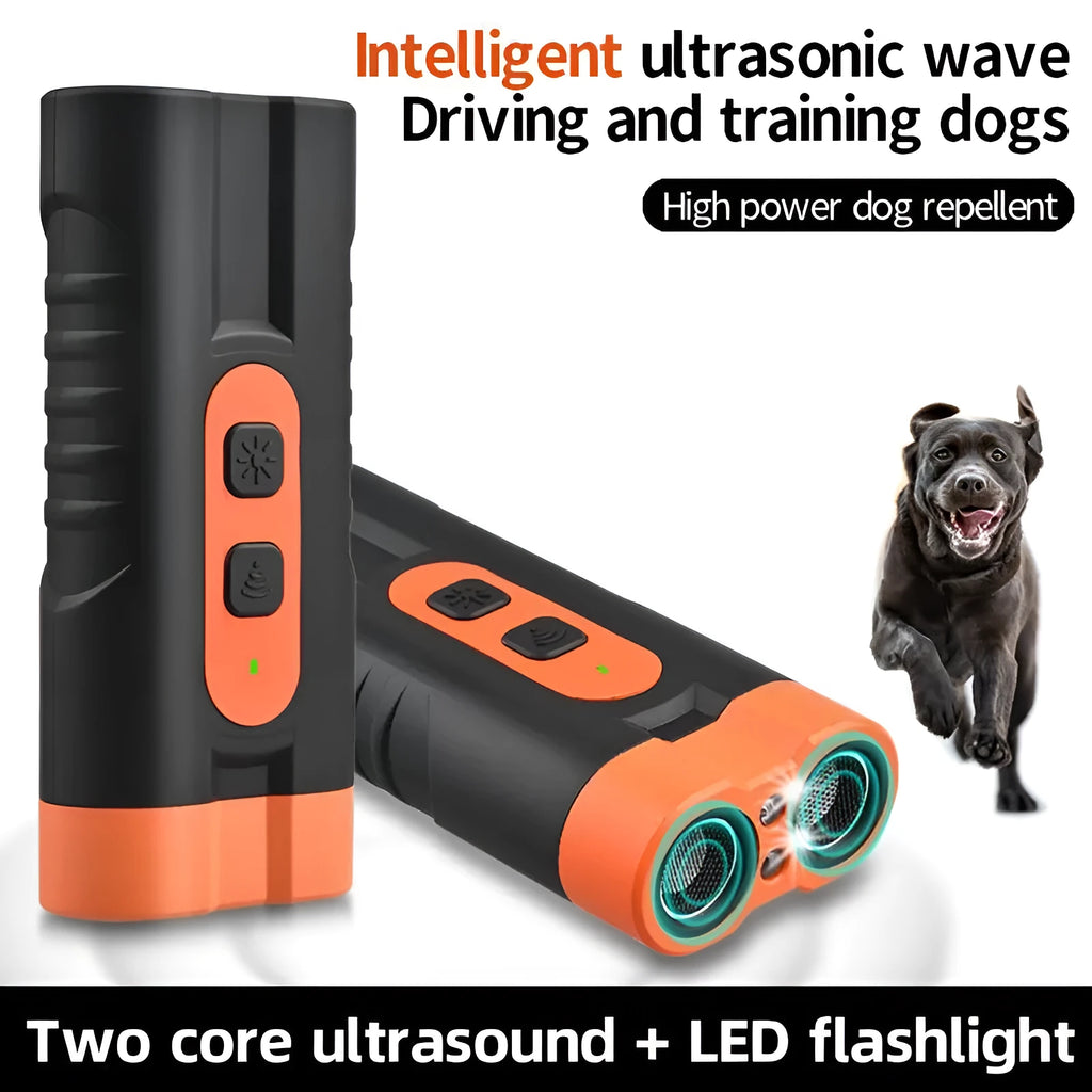 Black two-head ultrasonic dog repellent torch, 108g plastic body, 800mAh battery, 13x8x4cm
