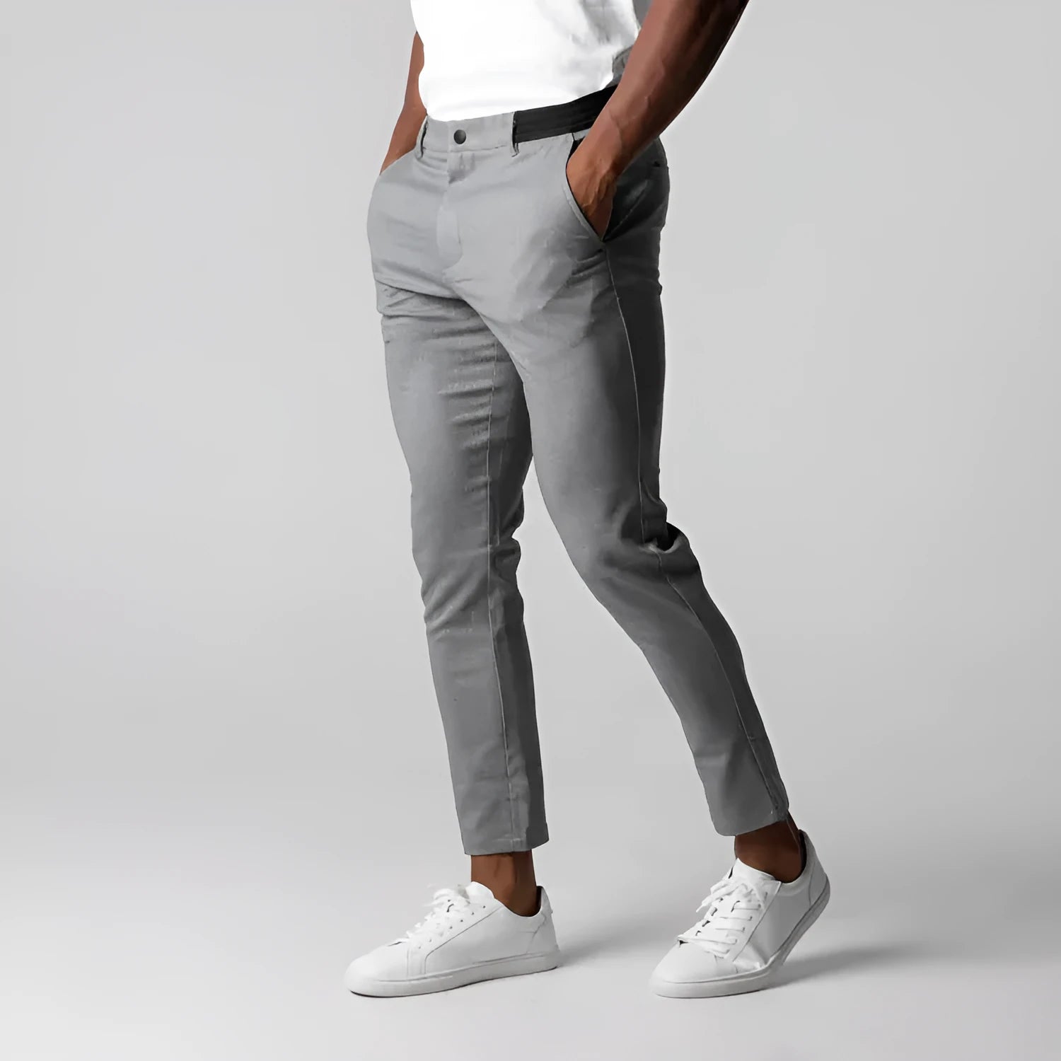 Men's casual pants in gray, pure cotton, straight-leg with high elasticity and zipper fly