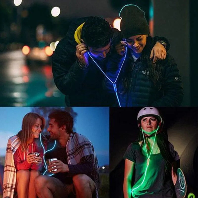 Blue LED light-up earphones with a remote control, compatible with iPhone and Samsung phones.