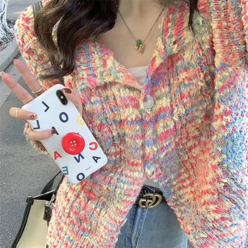 Retro rainbow knitted cardigan in pink and green ice cream colours, slim fit.